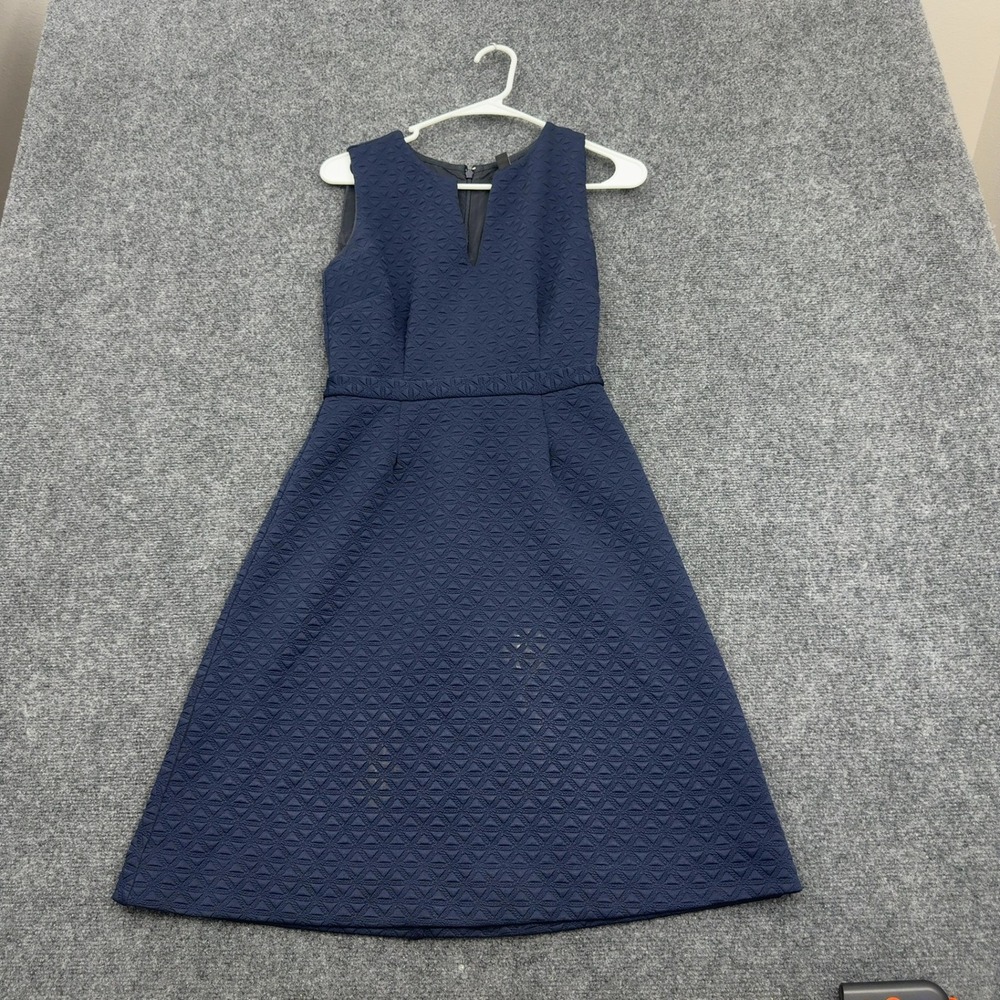 J. Crew‎ Dress Womens 00 Navy Blue Polyester Textured V-Neck Sleeveless Classic